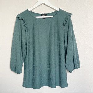 Anthropologie W5 Swiss Dot Ruffle 3/4 Sleeve Top Blouse Green